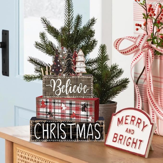 DIYDEC 4Pcs Christmas Table Decoration Christmas Tree Wooden Block Sign Xmas Tiered Tray Decor Winter Centerpiece Decorative Sign for Holiday Tabletop Coffee Fireplace Shelf Desk Party Decor
