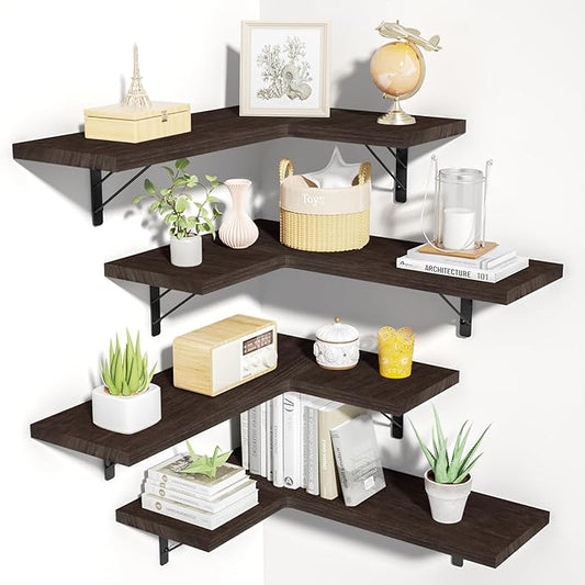 Love-KANKEI Corner Shelf Wall Mounted Set of 4, Floating Wall Shelves for Storage, Rustic Wood Hanging Shelves for Bathroom Kitchen Bedroom Living Room Display, Dark Brown