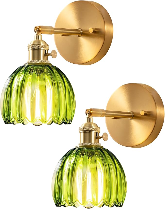 EDISHINE Hardwired Wall Sconces Set of Two, Vintage Wall Lighting Fixture with Green Tulip Glass Lampshade 180 Degree Adjustable, Brass Gold Wall Lamp for Bedroom Living Room Hallway Bathroom