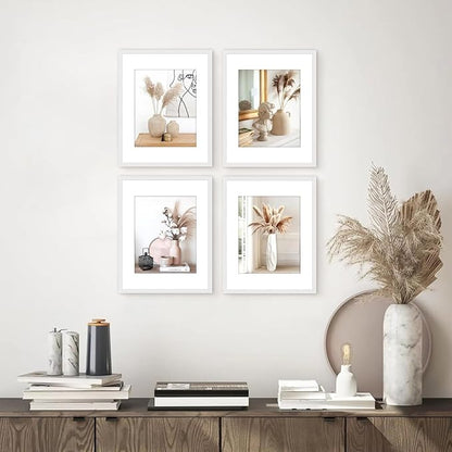 11x14 Picture Frame Set of 4, Displays 8x10 with Mat or 11x14 Without Mat, Photo Frames for Wall Hanging or Tabletop, Includes HD Plexiglass, White