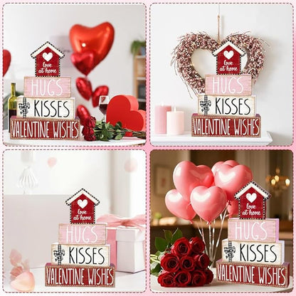 DIYDEC 4Pcs Valentine's Day Table Decoration Valentine House Wooden Block Signs Rustic Valentine Tiered Tray Decor Valentines Day Centerpiece Sign for Farmhouse Holiday Tabletop Home Party Decor