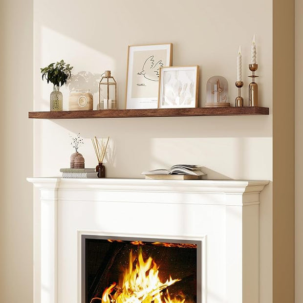 Fun Memories 66 Inch Fireplace Mantel Shelf with Invisible Bracket, 8 Inch Deep Floating Shelf for Living Room, Kitchen, Farmhouse, Brown (2-Pack)