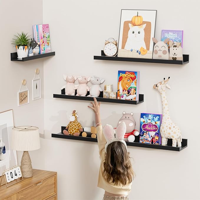 Heimlove 24 inch Picture Ledge Shelf Set of 8,Long Floating Shelves for Wall,Black Picture Shelf with Lip for Wall Decor,Living Room Bedroom Bookshelf Photo Frames Nursery Book Shelves for Storage