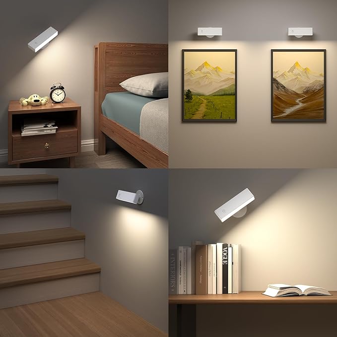 YiLaie LED Wall Sconce, Wall Mounted Lamp with 4000 mAh Battery Operated Wall Sconce Touch Controls & Brightness Adjustment, 360° Rotate Cordless Battery Wall Lamps for Bedroom, BedsideReading-White