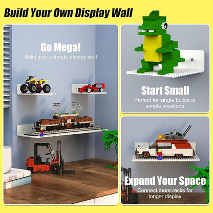 BlissBox 9-Pack Floating Shelves for Wall Compatible with Lego Building Bricks, 5x5.5inch Dual‑Sided 16x17 Studs for Toy Brick Storage and Display, ABS Display Shelves for Room Decor, White