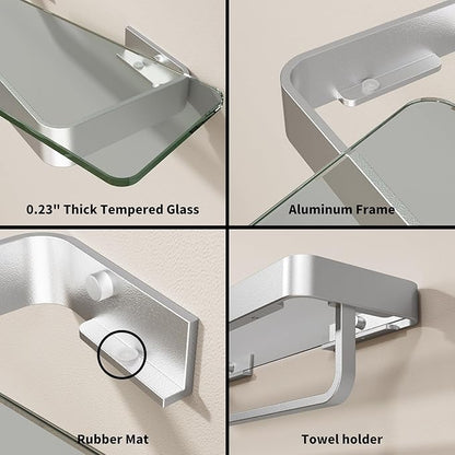 Danpoo 16-Inch Silver Floating Bathroom Shelves with Towel Bar, Clear Tempered Glass Wall Shelf 2-Pack – Versatile Bathroom Organizer Set