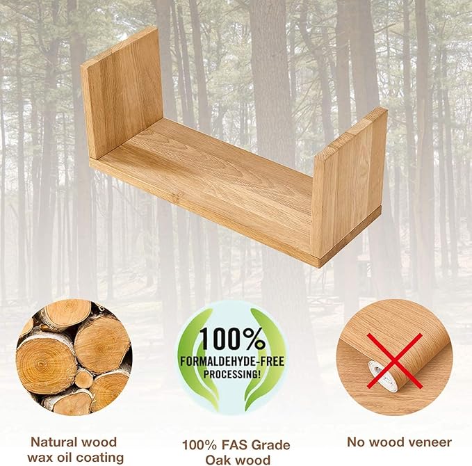 HOMWOO Floating Shelf, FAS Grade Oak Solid Wood Floating Bookshelf U Shape Floating Wall Shelves for Bedroom,Living Room,Bathroom,Office,Kitchen 1 Pcs-(Natural,16inches)