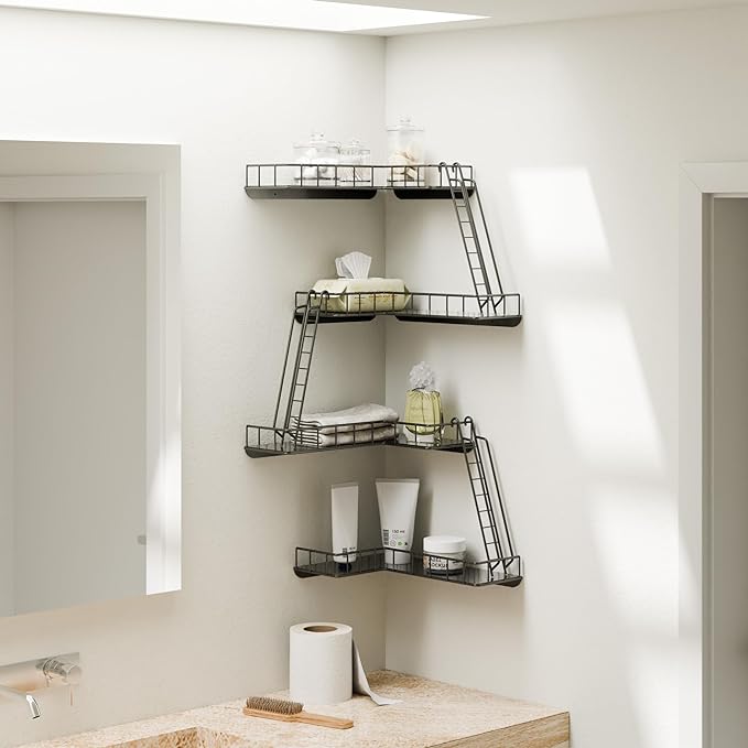 Fire Escape Wall Shelf - Modern City Style 4-Tier Corner Wall Shelves, Easy to Install Metal Ladder Shelf for Figures, New York Decorative Shelves for Bathroom, Living Room & Home Decor,Black