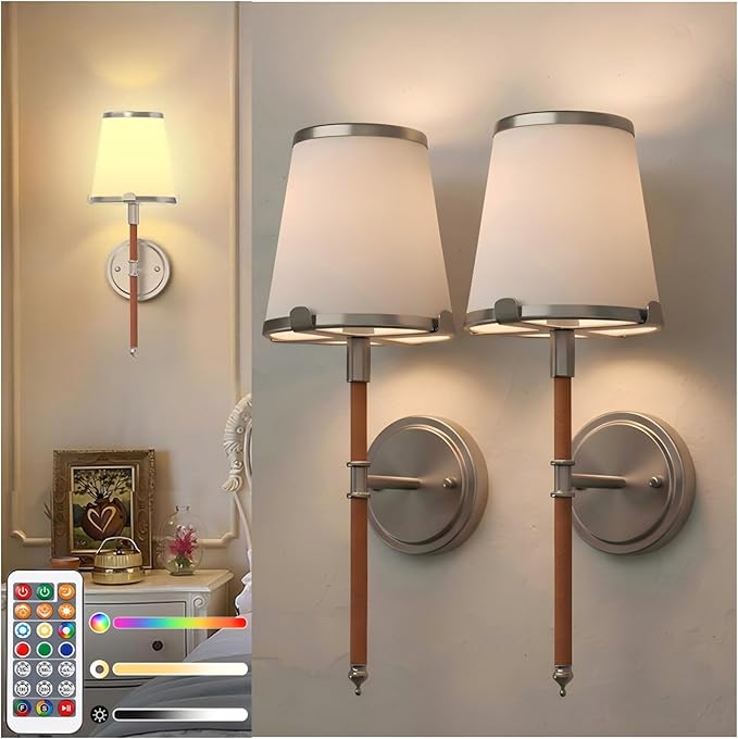 DORESshop Battery Operated Wall Sconce Set of 2, Wireless Wall Light Easy to Install, 7 Color Rechargeable Wall Sconces, Sconce Wall Decor Set of 2 for Bedroom, Living Room, Chrome and Leather, 18.7in