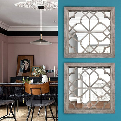 Wocred Set of 4 Mirrors Square Wall Mirror,Gorgeous Rustic Farmhouse Accent Mirror,Barn Wood Color Entry Mirror for Bathroom Renovation,Bedrooms,Living Rooms and More(12”x12”-4pcs)