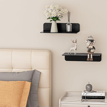 Small Adhesive Wall Shelves, 9" Metal Floating Shelf with Cable Hole, Display Ledge for Photo Frame, Figurine, Small Craft, Electronics, (Black, 2 Pack)