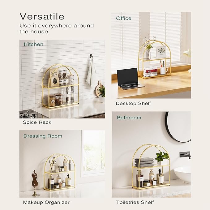 Crofy Gold Arched Frame Wall Shelf, Decorative 2 Tier Bathroom Wall Shelf with Transparent Tempered Glass Shelves and Robust Storage Capacity, 5.1