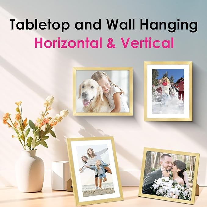 FIXSMITH 8x10 Picture Frame Bulk-4 Pack, Gold Picture Frames Collage Wall Decor, Wall & Tabletop Picture Frames, Photo Frame with HD Plexiglass, Display Pictures 5x7 with Mat or 8x10 Without Mat