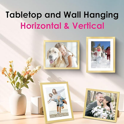 FIXSMITH 8x10 Picture Frame Bulk-4 Pack, Gold Picture Frames Collage Wall Decor, Wall & Tabletop Picture Frames, Photo Frame with HD Plexiglass, Display Pictures 5x7 with Mat or 8x10 Without Mat