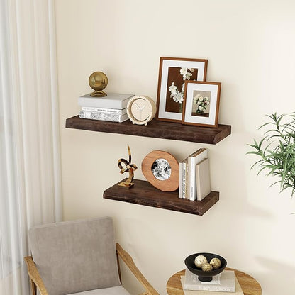 fuqing Live Edge Floating Shelves for Wall - Rustic Solid Elm Wood Floating Shelves 24 Inch - 9 Inch Deep Natural Wooden Wall Shelves with Upgraded Heavy Duty Brackets and Anchors