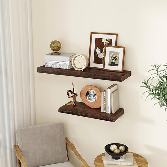fuqing Live Edge Floating Shelves for Wall - Rustic Solid Elm Wood Floating Shelves 24 Inch - 9 Inch Deep Natural Wooden Wall Shelves with Upgraded Heavy Duty Brackets and Anchors