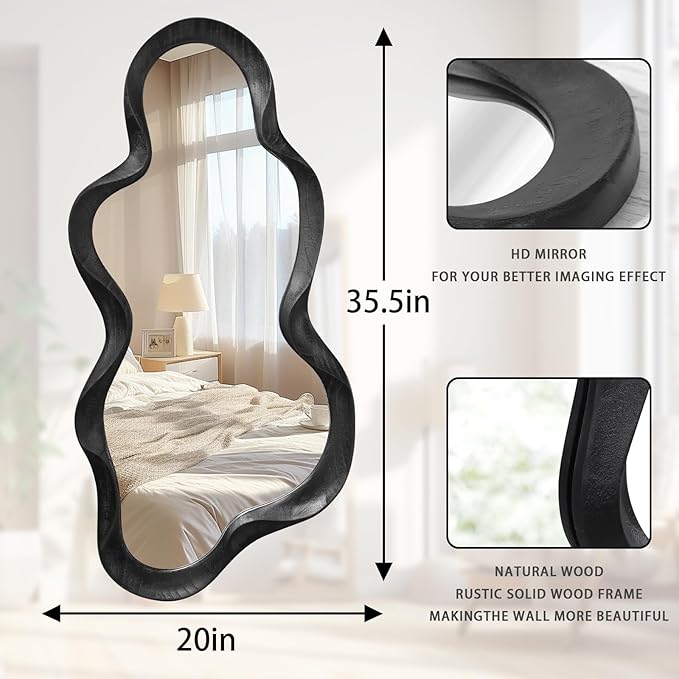 Irregular Wooden Framed Wall Mirror Modern Asymmetrical Unique Hanging Mirror Artistic Unique Cloud Shape Wall Decor Bathroom Vanity Bedroom Living Room Entryway Hallway Large