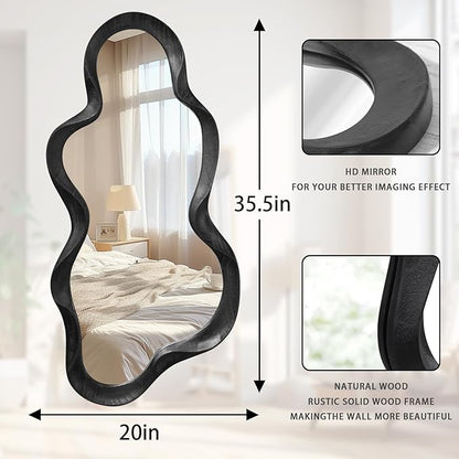 Irregular Wooden Framed Wall Mirror Modern Asymmetrical Unique Hanging Mirror Artistic Unique Cloud Shape Wall Decor Bathroom Vanity Bedroom Living Room Entryway Hallway Large