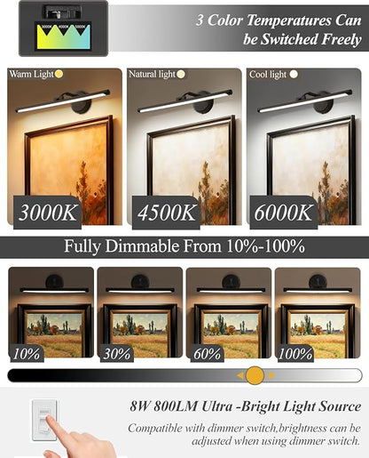 Hardwired Picture Lights For Wall, Led Art Light For Painting,Modern Metal Picture Frame Light ,Dimmable Poster Gallery Painting Bookshelf Portrait Lights For Pictures On Wall 8W 3CCT (Black, 24in)