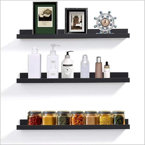 AZSKY Floating Picture Ledge Shelves for Wall Set of 3, 24 Inch Shelves with Lip Long Large Nursery Book Shelf for Storage Bookshelf Wall Mounted Living Room Bedroom Decor Frames(Black)