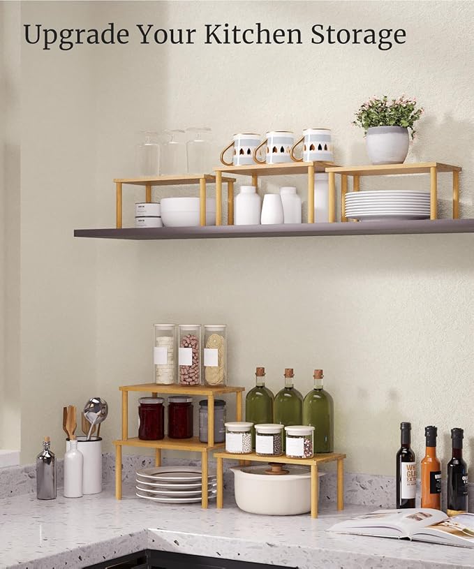 Cabinet Organizer Shelf(Set of 3),Bamboo Kitchen Counter Shelves for Countertop and Cabinet,Stackable Shelf Spice Racks,Medium(Natural)