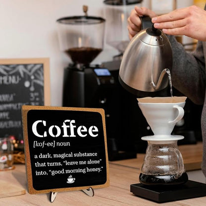 Vintage Coffee Bar Wooden Plaque Desk Sign, Farmhouse Wood Plaque Tabletop Decor for Cafe Bar Kitchen Office,Coffee Station Accessories 5.9x5.9Inch