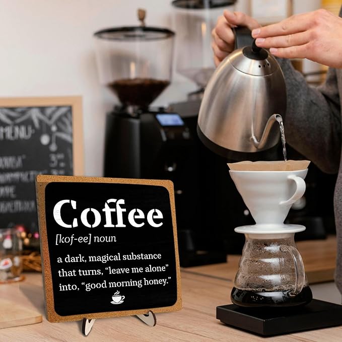Vintage Coffee Bar Wooden Plaque Desk Sign, Farmhouse Wood Plaque Tabletop Decor for Cafe Bar Kitchen Office,Coffee Station Accessories 5.9x5.9Inch