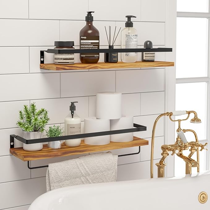 Floating Shelves for Wall, Bathroom Shelves with Towel Bar, Wall Mounted Storage Shelves for Kitchen, Bathroom, Set of 2 Carbonized Black