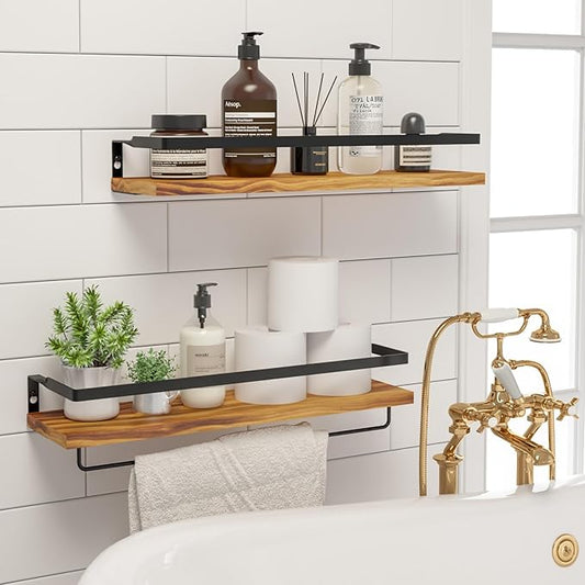 Floating Shelves for Wall, Bathroom Shelves with Towel Bar, Wall Mounted Storage Shelves for Kitchen, Bathroom, Set of 2 Carbonized Black