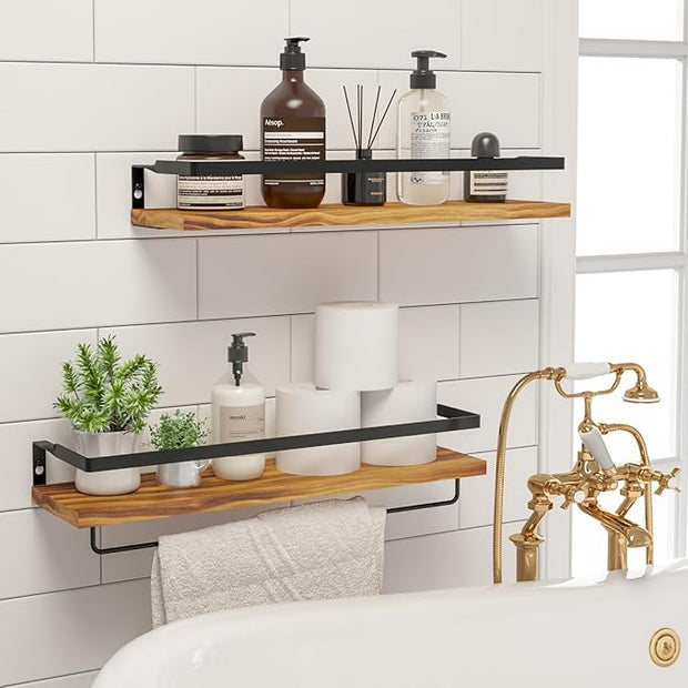 Floating Shelves for Wall, Bathroom Shelves with Towel Bar, Wall Mounted Storage Shelves for Kitchen, Bathroom, Set of 2 Carbonized Black
