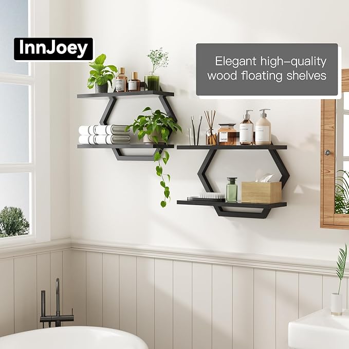 Floating Shelf- Floating Shelf for Wall Set of 2, 2 Tier Foating Shelves for Wall for Bathroom, Bedroom, Toilet, Kitchen, Living Room, Office, Black