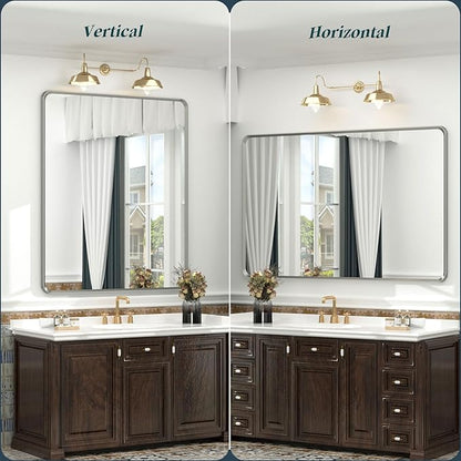 OKPAL Brushed Nickel Bathroom Mirror for Wall 28 x 36 in, Rectangular Metal Framed Silver Mirror for Vanity Beveled Round Corner Aluminum Alloy Rectangle Modern Mirror(Horizontal/Vertical)