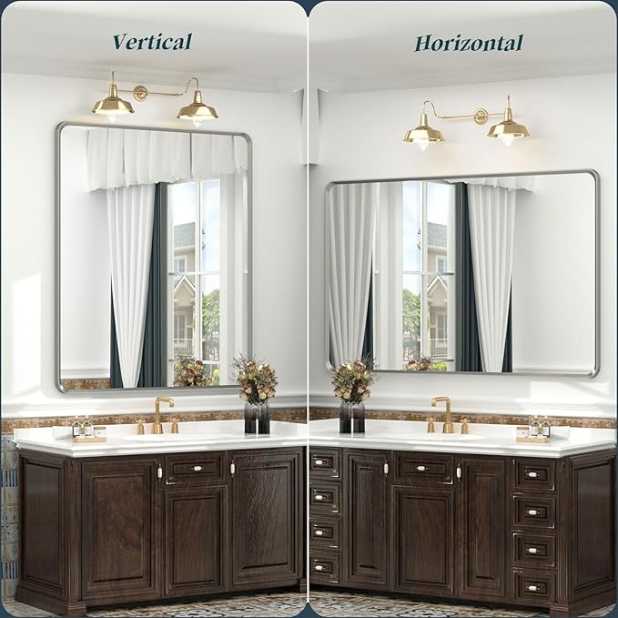 OKPAL Brushed Nickel Bathroom Mirror for Wall 28 x 36 in, Rectangular Metal Framed Silver Mirror for Vanity Beveled Round Corner Aluminum Alloy Rectangle Modern Mirror(Horizontal/Vertical)