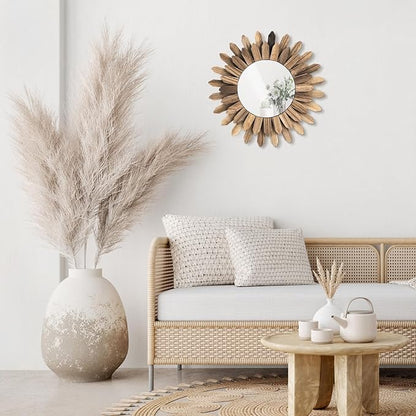 Wall Mirror Decorative, 12 inch Small Rustic Wood Boho Mirrors, Clear Sunburst Mirrors for Home Farmhouse Bedroom Entryway Decor House Warming Gifts New Home, No Distortion