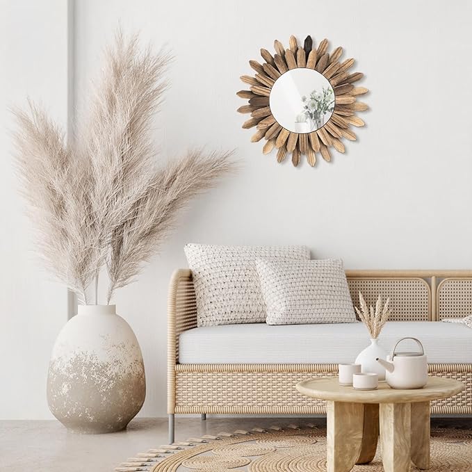 Wall Mirror Decorative, 12 inch Small Rustic Wood Boho Mirrors, Clear Sunburst Mirrors for Home Farmhouse Bedroom Entryway Decor House Warming Gifts New Home, No Distortion