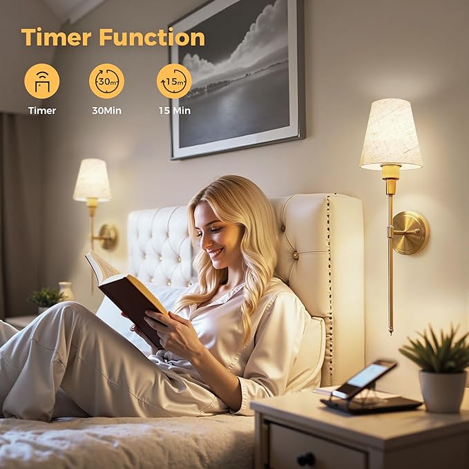 DORESshop Battery Operated Wall Sconce Set of 2, 7 Color Wireless Wall Light Easy to Install, Sconce Wall Decor Set of 2 for Bedroom, Living Room, Fabric Linen Shade, Gold, 24.6in