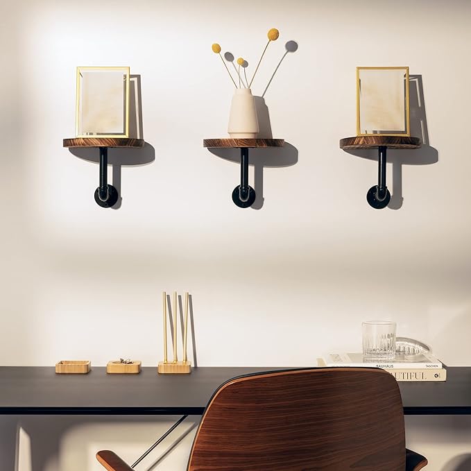 Navaris Industrial Pipe Shelf Set - 3 Small Rounded Wood Shelves with Shelf Brackets - 7.9" x 5.9" Wall-Mounted Wooden Shelving - Size S, Burnt Brown