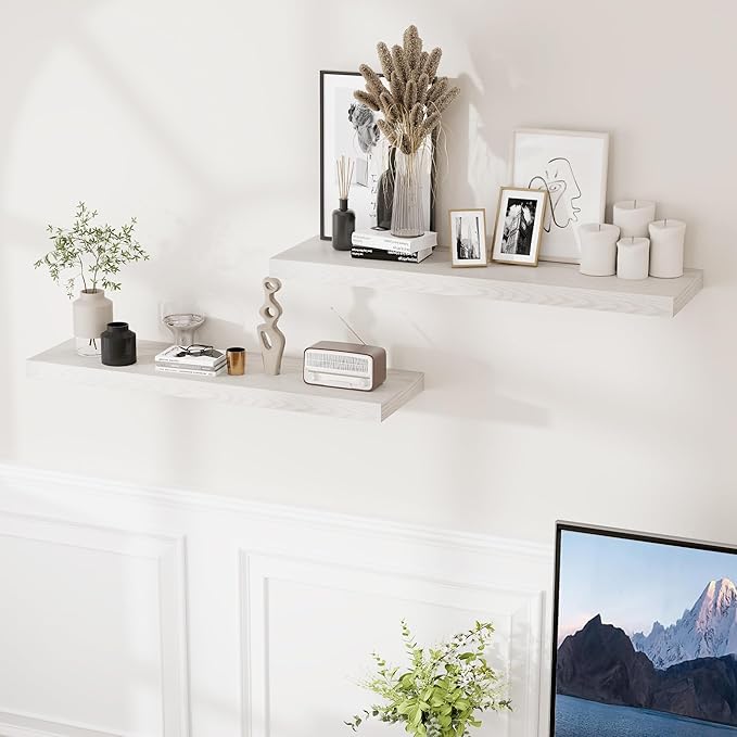 36 Inch Long Floating Shelves for Wall, 9.3 Inch Deep Floating Shelf with Heavy-Duty Bracket, 2 Pack Long Shelves for Bathroom, Living Room, Bedroom, Wall Mounted Storage Shelf for Books Decor, Brich