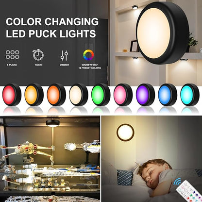 BLS LED Puck Lights with Remote Control, Wireless Under Cabinet & Closet Lighting, RGB 13 Color Changing Lights with Dimmer, Timer & AA Battery Operated, Push, Touch, Stick on for Night, Black, 2 Pack