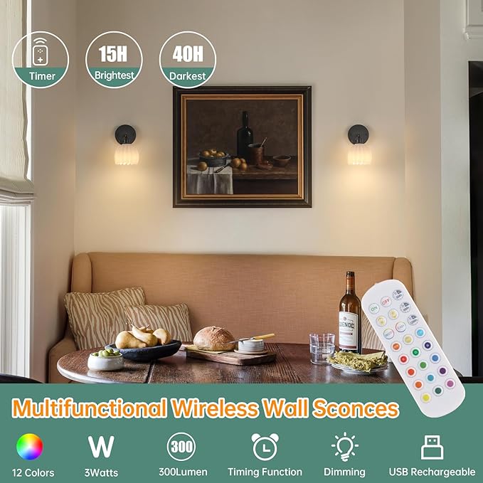 Vintage Battery Operated Wall Sconce with White Tulip Glass Lampshade Rechargeable Battery Powered Black Wall Light with Remote Control for Bedside Bedroom Doorway, Set of 2