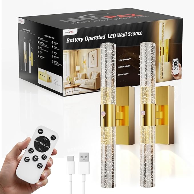 Motion Sensor Wall Sconces Battery Operated Set of 2, Rechargeable Wall Sconce, 3CCT Battery Wall Sconce, 12000mAh Dimmable with Remote for Bedroom, Living room, Hallway (15.3 inch - Gold - 2 Pack)