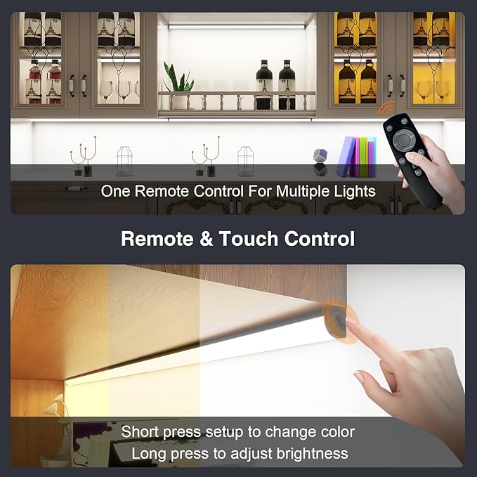 Under Cabinet Lighting Wireless with Remote,Rechargeable Battery Operated Closet Lights,3 Color Magnetic Dimmable led Strip Lights,Under Counter Lights for Kitchen,Shelf,Bedroom (Black-2PCS, 80cm)
