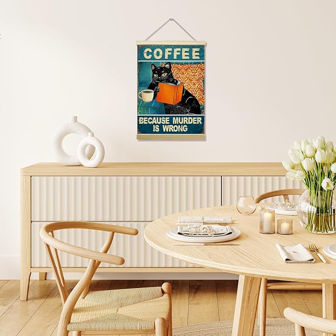 LETUROIA Black Cat Coffee Poster Hanger Frame, Because Murder is Wrong Canvas Wall Decor(12×16