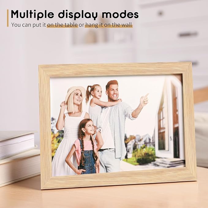 puthiac 8x10 Solid Oak Wood Picture Frame, Fits 6x8 with Mat or 8x10 Without Mat, Wall or Tabletop Display with Stand, Vertical or Horizontal, Plexi Front, 3 Pack, Natural Oak