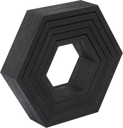 WONFUlity Hexagon Floating Shelves Honeycomb Shelves Wall Mounted Wood Farmhouse Storage Wall Shelf for Bathroom, Kitchen, Bedroom, Living Room,Driftwood Finish Decor, Black