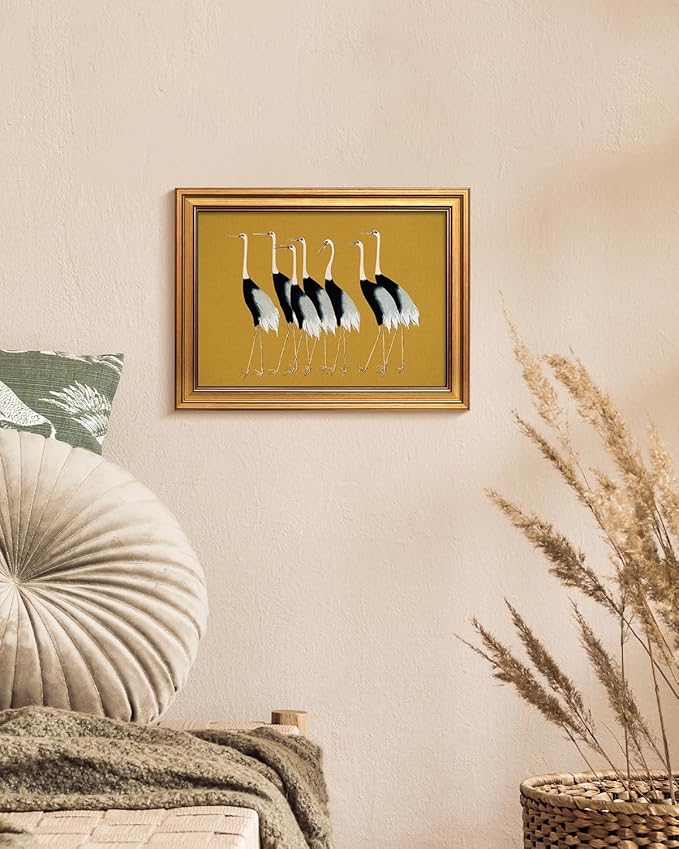 HUARCEY Gold Framed Vintage Wall Art for Living Room, Animals Painting Prints Shelf Decor for Kitchen, Aesthetic Bedroom Wall Art Decor, Christmas Gifts for Friends or Family (Seven Cranes 12