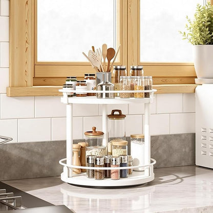 Lazy Susan Organizer, Rotating Spice Rack, 2 Tier Spice Turntable Organizer, Industrial Turntable Spice Holder, for Kitchen Countertop, Compact and Versatile, White SR22WW
