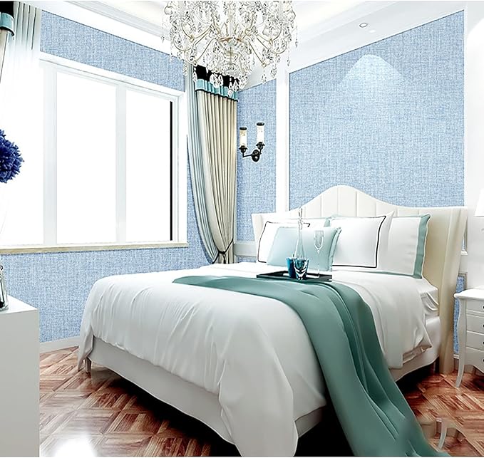 Yancorp 15.7"x394" 32.8ft Textured Fabric Wallpaper Faux Grasscloth Peel and Stick Wallpaper Self-Adhesive Linen Removable Cabinets Blue