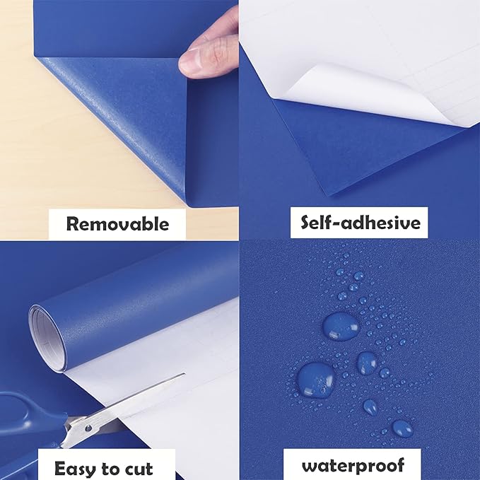 Peel and Stick Wallpaper - Dark Blue Contact Paper, Removable Wallcovering, Self-Adhesive Vinyl Film for Bedroom, Furniture, Countertop, Cabinet - 15.7