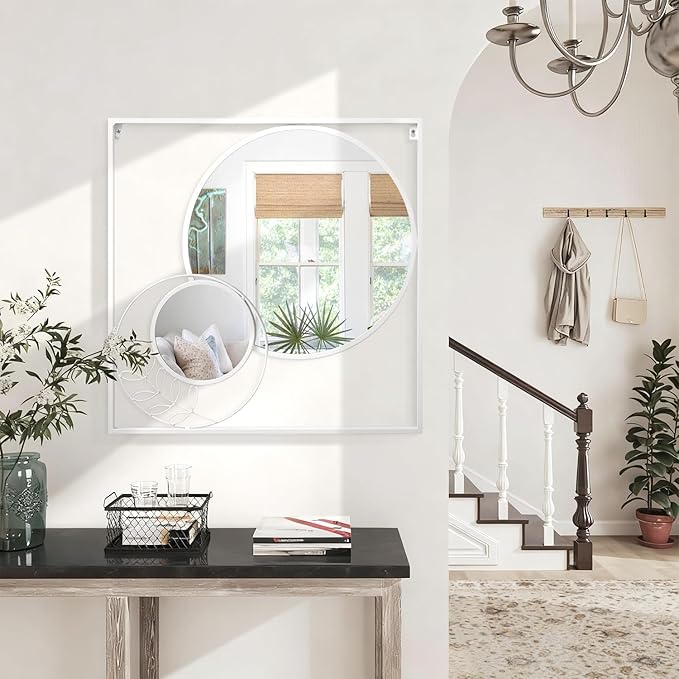 Large White Circle Wall Mirror, Square Wall Mounted Mirror Set Round Modern Art Decorative Mirrors for Living Room Bathroom 30x30 Inch Decor